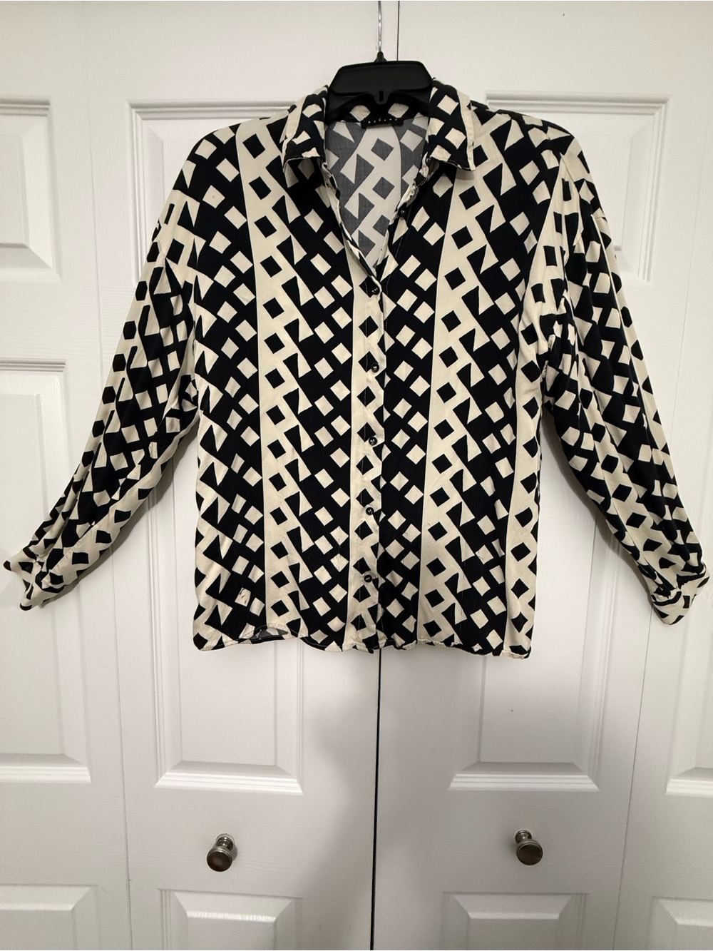 SISLEY  Black and Cream Geometric Button-Up Shirt